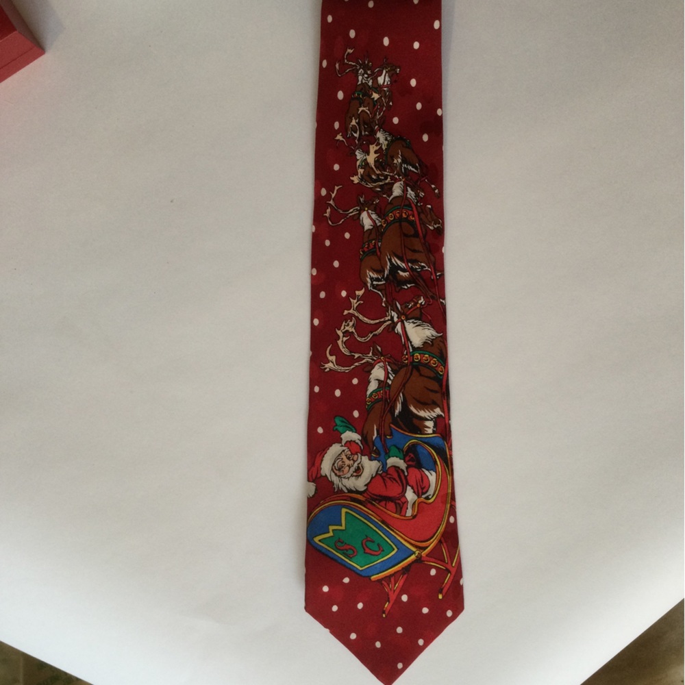Addiction Silk Necktie. Red Santa driving sleigh.